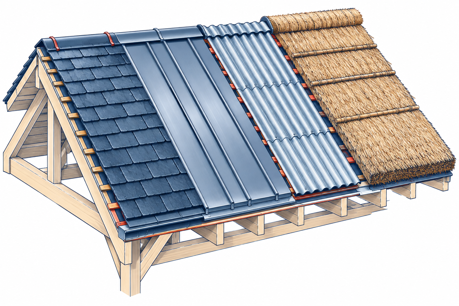 Schéma comparatif de matériaux de couverture : ardoise, zinc, acier et chaume sur charpente.