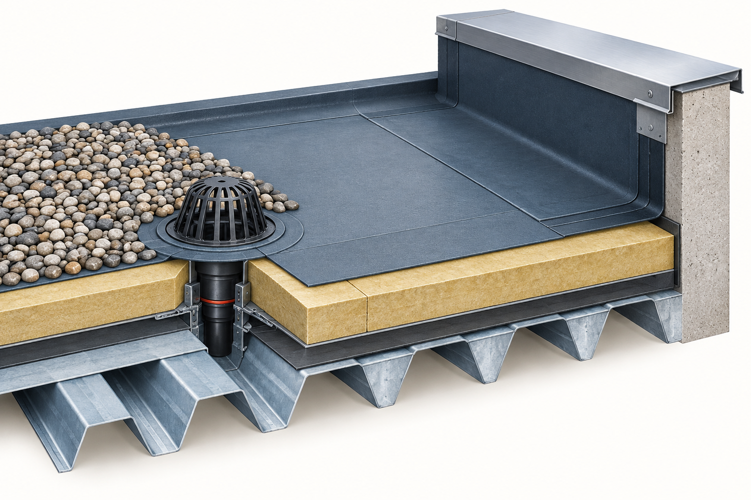 Schéma technique d’une toiture-terrasse : support, étanchéité, relevés et évacuation.